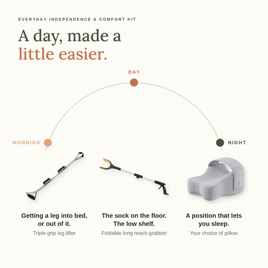 A day, made a little easier. Morning: the triple grip leg lifter for getting a leg into or out of bed. Day: the foldable long reach grabber for the sock on the floor or the low shelf. Night: your choice of pillow for a position that lets you sleep.