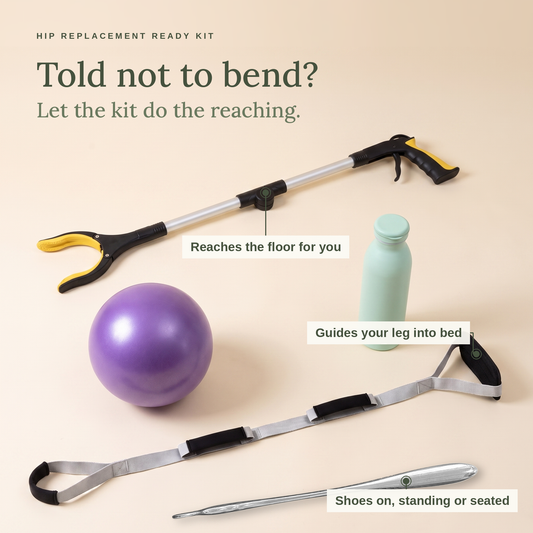 Told not to bend? The grabber reaches the floor, the leg lifter guides your leg into bed, and the 52cm shoe horn puts shoes on standing or seated