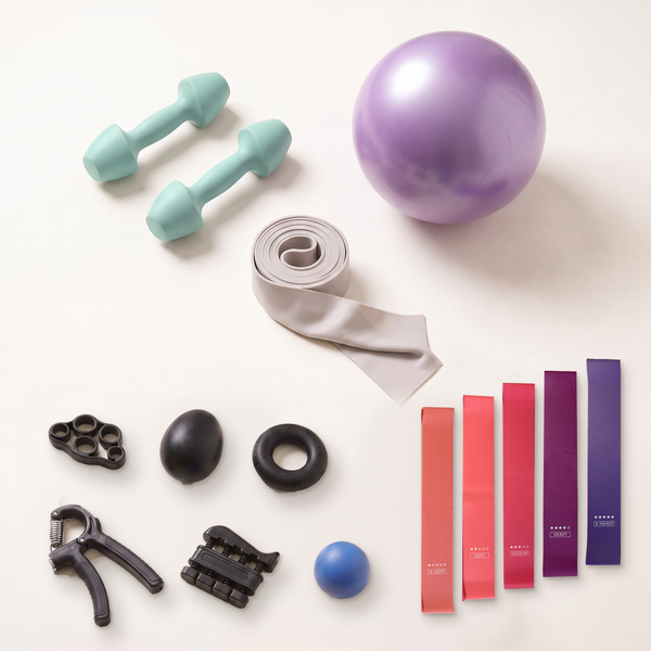 The Strength Kit laid out on a cream background: two Azure Sculpt Dumbbells, a purple mini exercise ball, a rolled long resistance band, five black grip strength tools, a blue soft grip ball and five resistance loop bands from X-Light to X-Heavy.