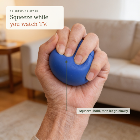 Squeeze while you watch TV: an older hand squeezing the blue soft grip ball in a living room