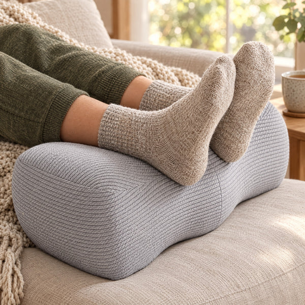 Feet in wool socks resting on the Comfort Leg Pillow on a linen couch