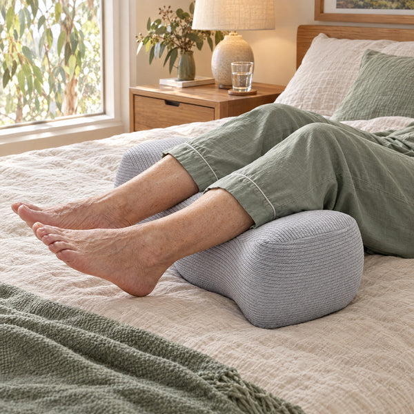 Woman on her bed with her lower legs resting across the Comfort Leg Pillow