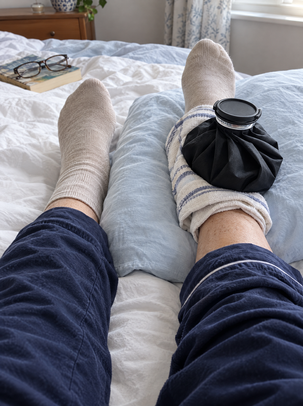 The ice bag against an ankle wrapped in a tea towel, feet up in bed