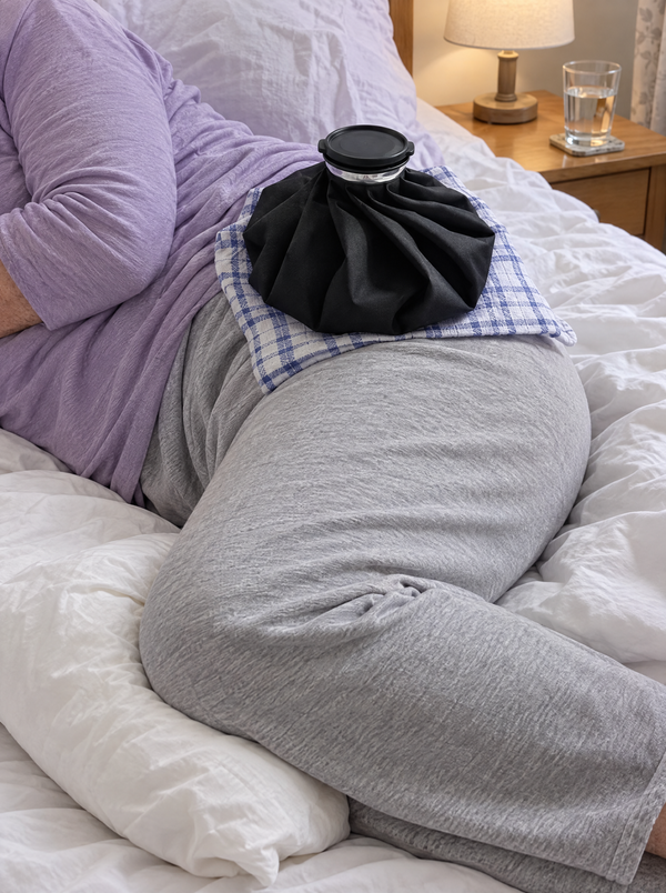 The ice bag on a tea towel over the outer hip, lying on one side in bed