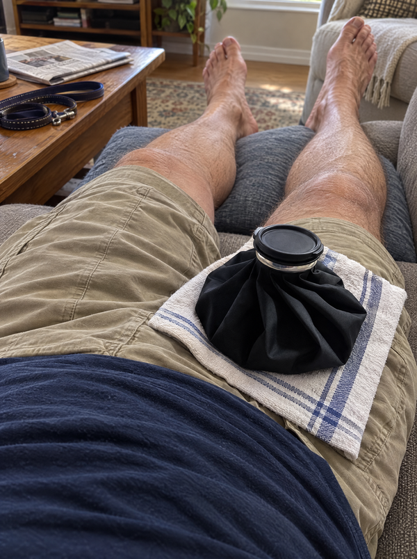 The ice bag on a tea towel over the front of the hip, lying on the couch