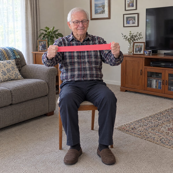 Seated on a chair, pulling the loop band apart at chest height for the arms