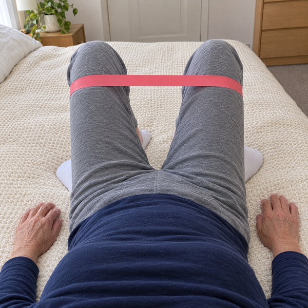 Looking down the bed at the loop band just above the knees