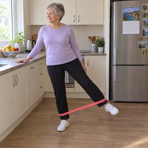 Standing at the kitchen bench with the loop band around the ankles, stepping one leg out to the side