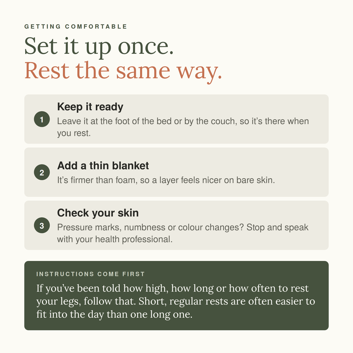 Getting comfortable on the leg wedge: keep it ready, add a thin blanket, check your skin. If you've been given instructions, follow those.