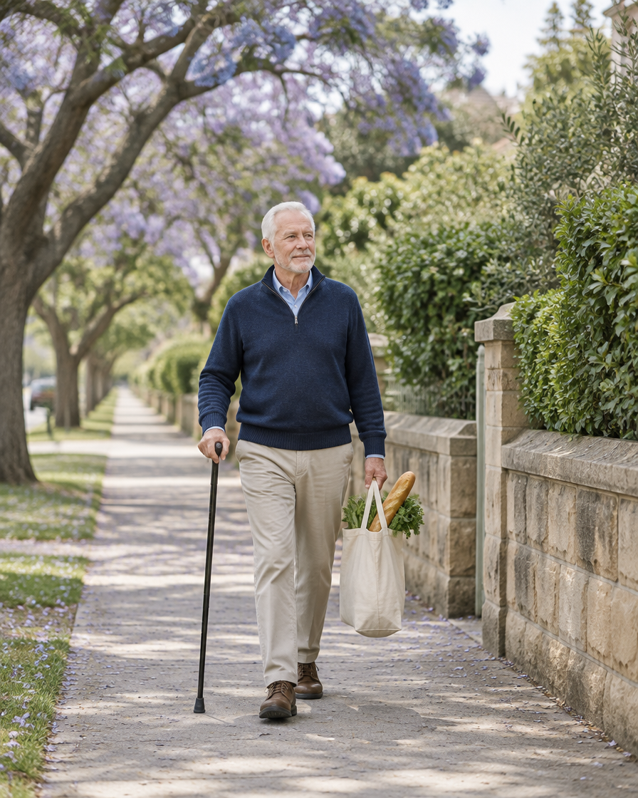 An older man with a walking stick walking along a leafy Sydney footpath, carrying a shopping bag
