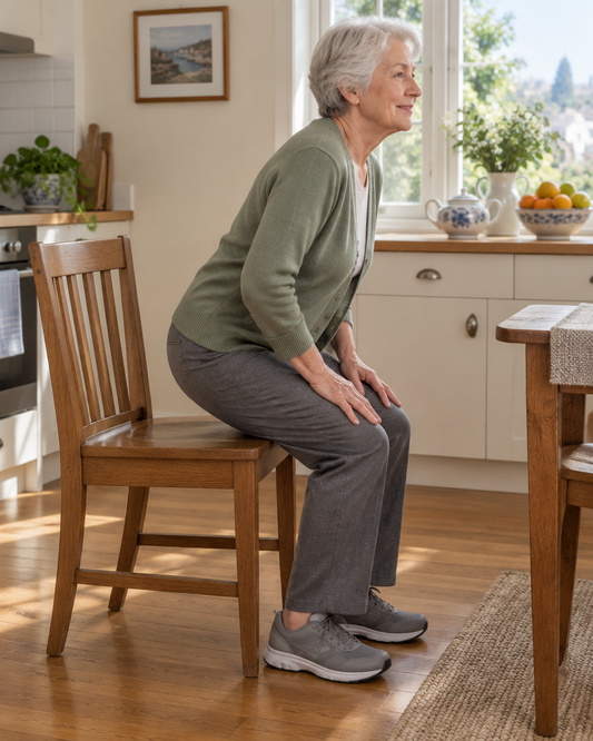 An older woman in a sage cardigan beginning to stand up from a wooden dining chair in a sunny kitchen