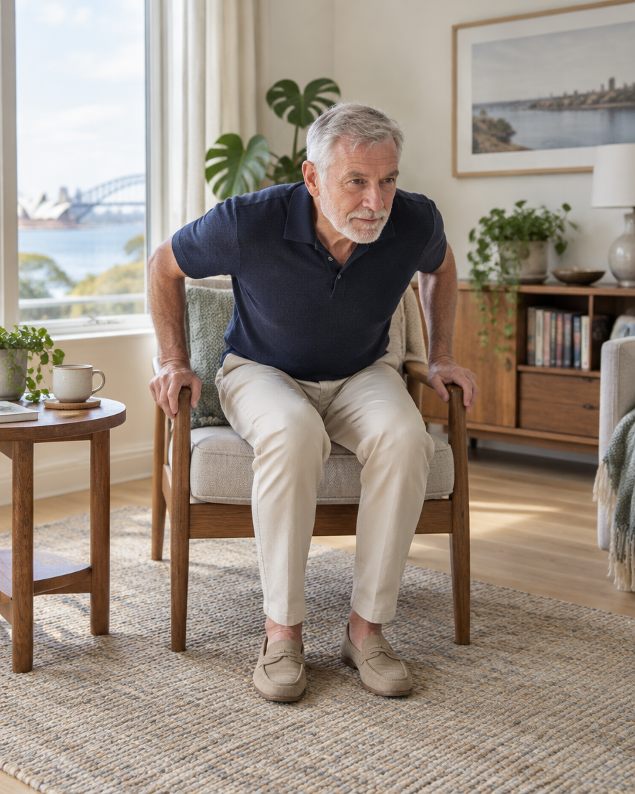 An older man sitting at the front of a wooden armchair, hands on the armrests, leaning forward to stand up