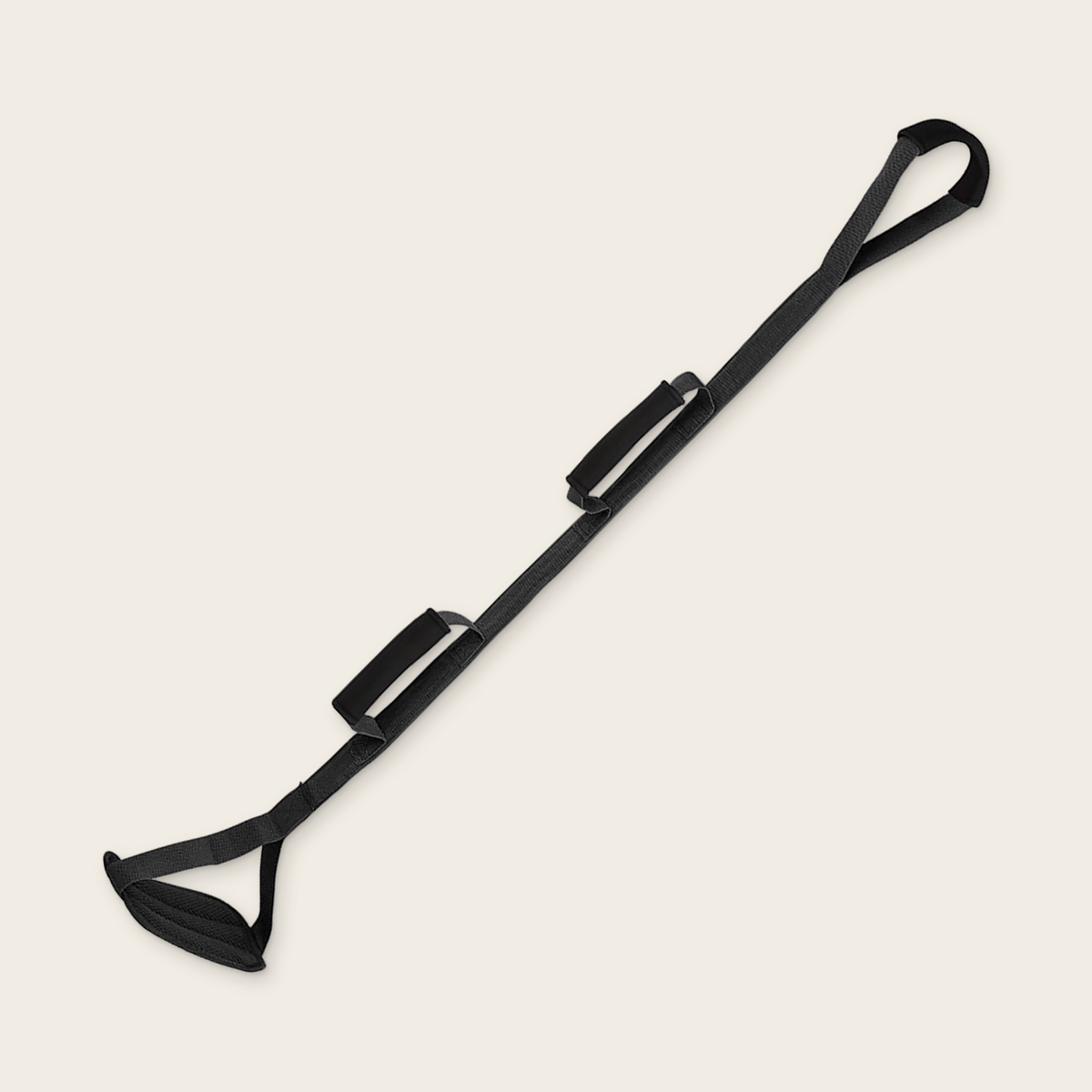Triple Grip Leg Lifter in black: a 110 cm strap with a top hand loop, two padded side grips and a padded foot loop.