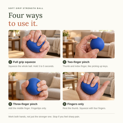 Four ways to use it: full grip squeeze, two-finger pinch, three-finger pinch and fingers only