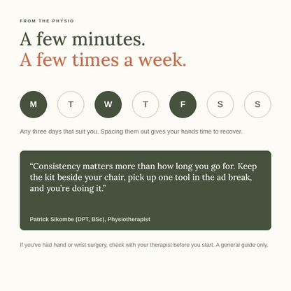 A few minutes, a few times a week, with a note from physiotherapist Patrick Sikombe
