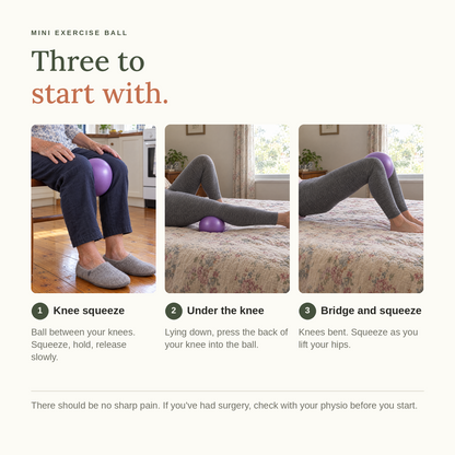 Three ways to start: seated knee squeeze, pressing into the ball under the knee, and a bridge with the ball between the knees