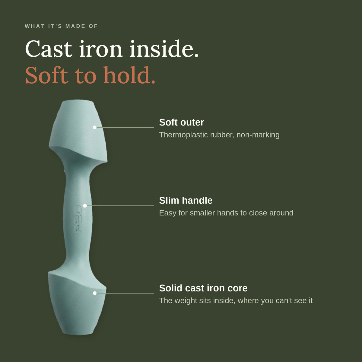 Cast iron inside, soft to hold: soft rubber outer, slim handle and a solid cast iron core