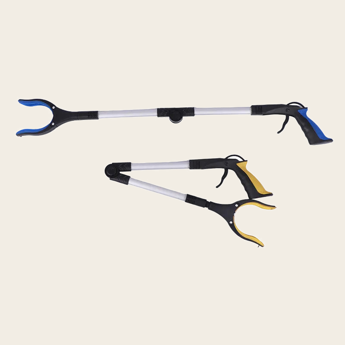 Foldable long reach grabber shown extended and folded