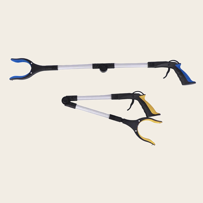 Foldable long reach grabber shown extended and folded