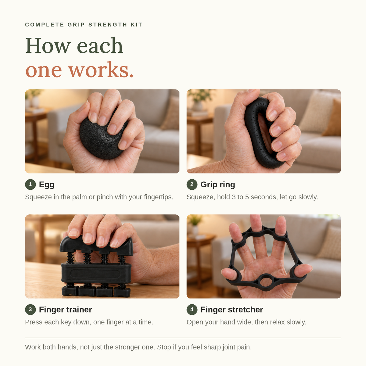 How each one works: older hands using the egg, grip ring, finger trainer and finger stretcher