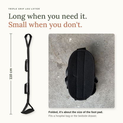 Long when you need it, small when you don't. 110 cm open, and folded it is about the size of the foot pad.