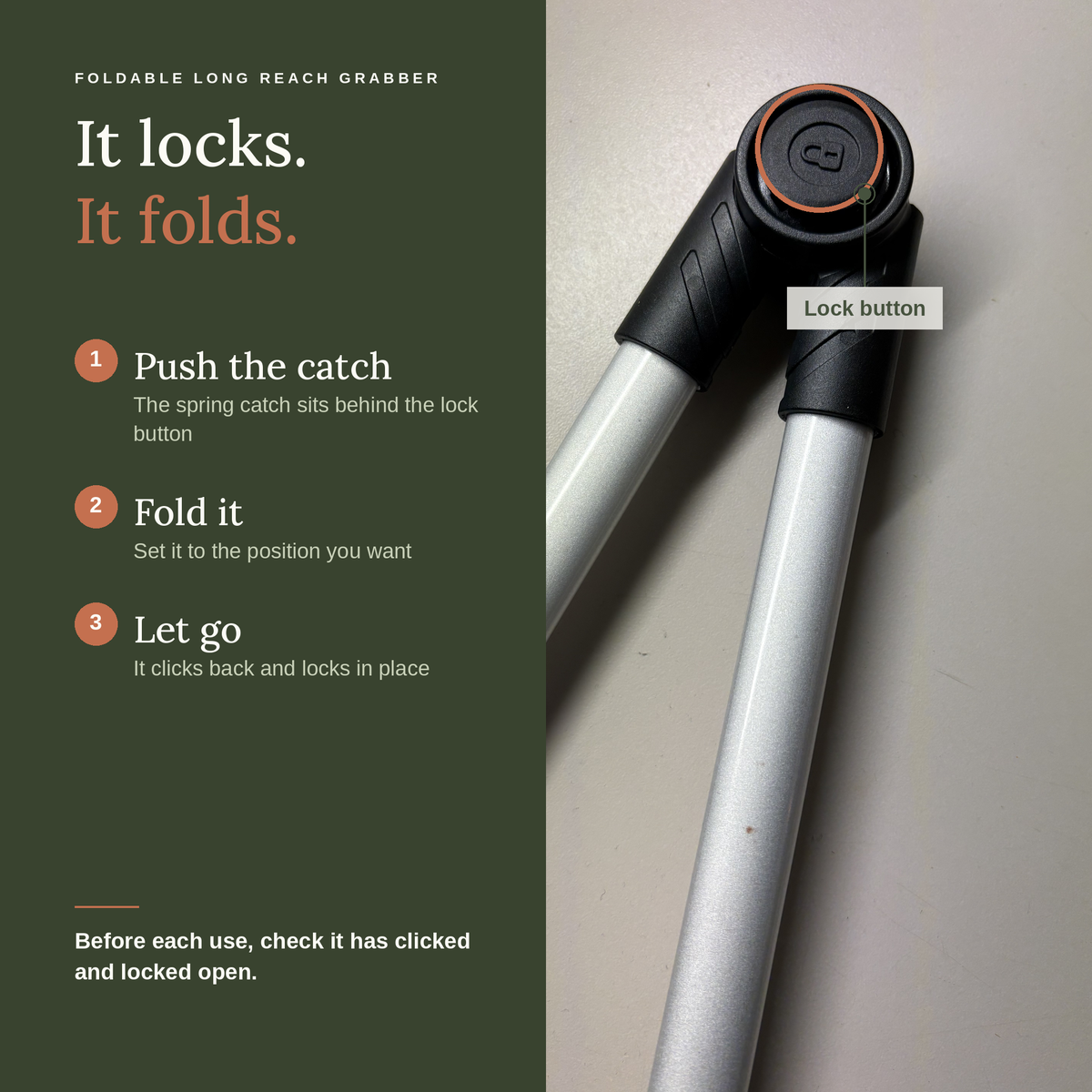 The grabber's locking hinge: push the catch, fold, and it clicks back into place