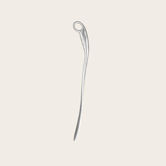The Steel Shoe Horn standing with the hanging loop at the top, side view