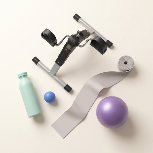 Overhead view of everything included in the Home Exercise Essentials Kit: a mini pedal exerciser, a two-metre long resistance band, a purple mini exercise ball, a blue soft grip strength ball and a mint green water bottle.