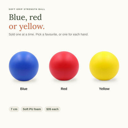 Soft grip strength balls in blue, red and yellow, sold one at a time, $35 each