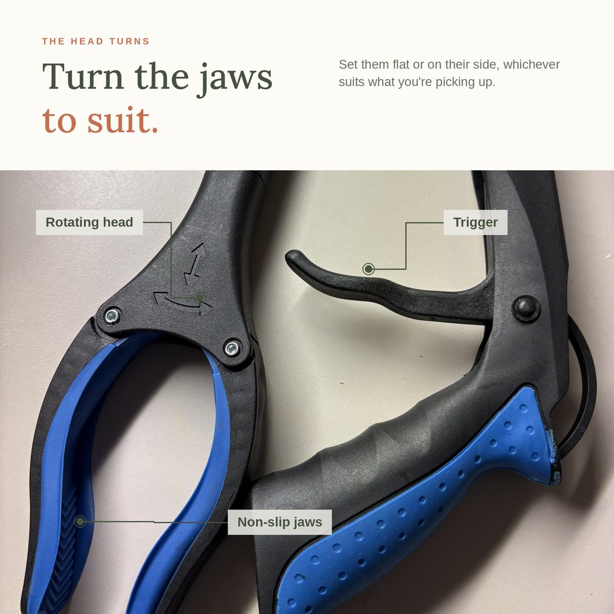 Close-up of the grabber's rotating head, trigger and non-slip jaws