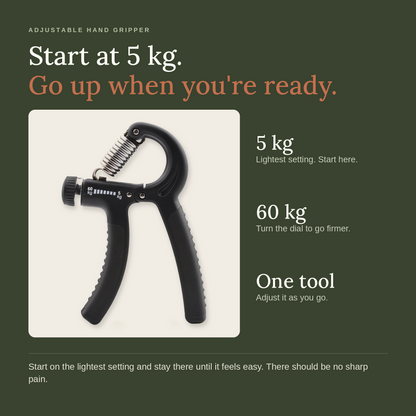 Start at 5 kg, go up when you're ready: the adjustable hand gripper goes from 5 to 60 kg