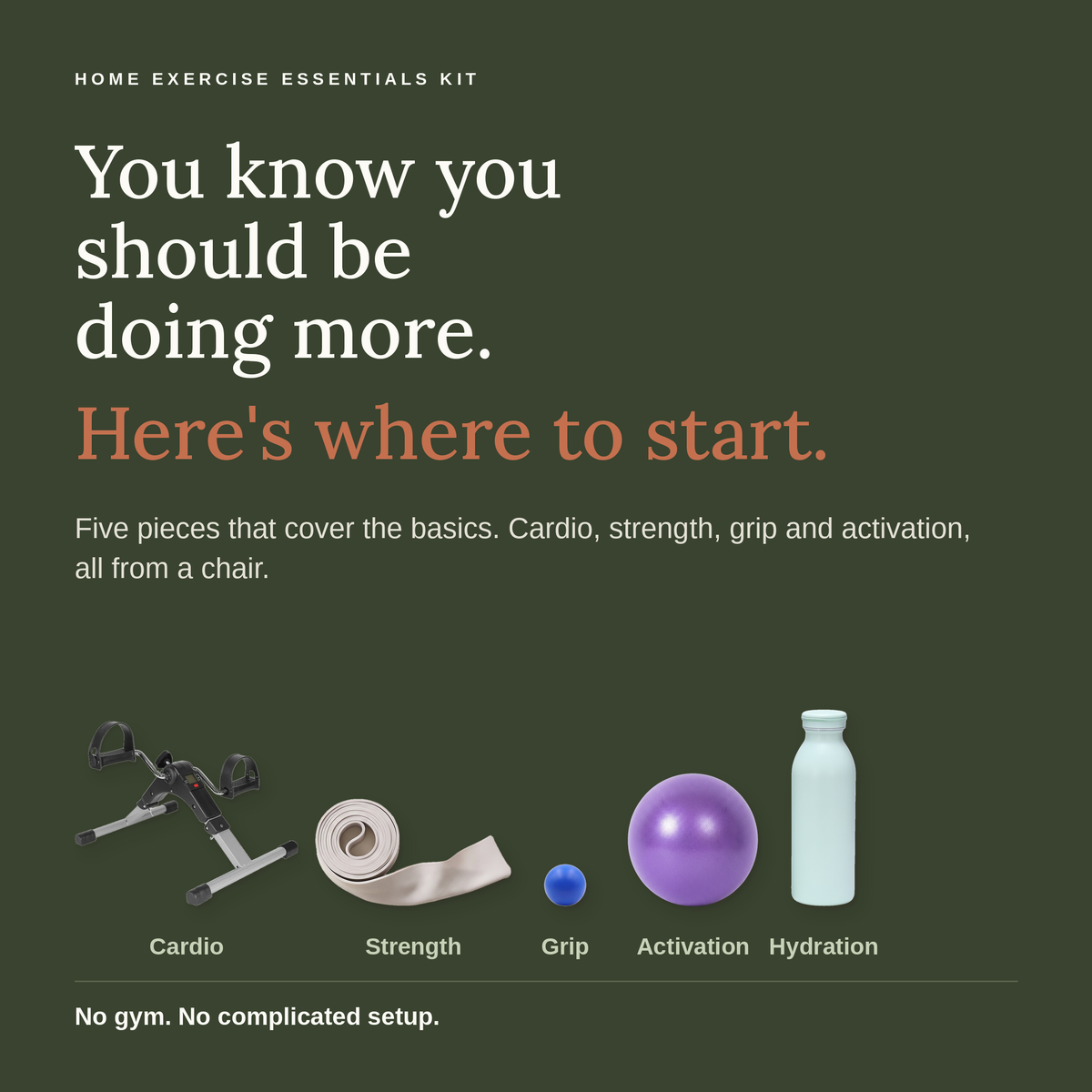 You know you should be doing more. Here's where to start. Five pieces that cover the basics: mini pedals for cardio, long band for strength, soft grip ball for grip, mini exercise ball for activation and the bottle for hydration. All from a chair.