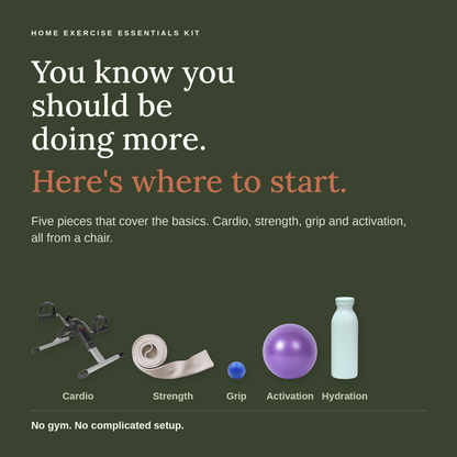 You know you should be doing more. Here's where to start. Five pieces that cover the basics: mini pedals for cardio, long band for strength, soft grip ball for grip, mini exercise ball for activation and the bottle for hydration. All from a chair.