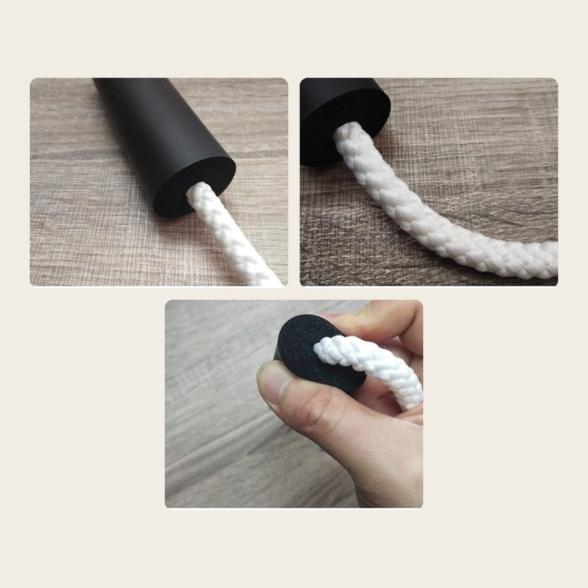 Close-ups of the soft black foam handles and the braided nylon cord running through them