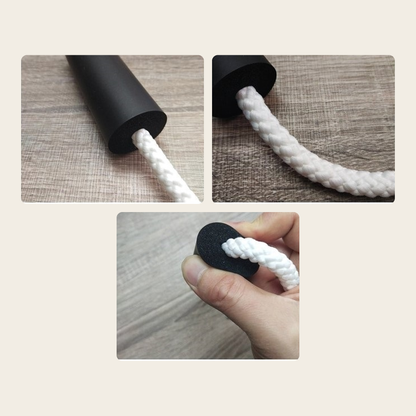Close-ups of the soft black foam handles and the braided nylon cord running through them