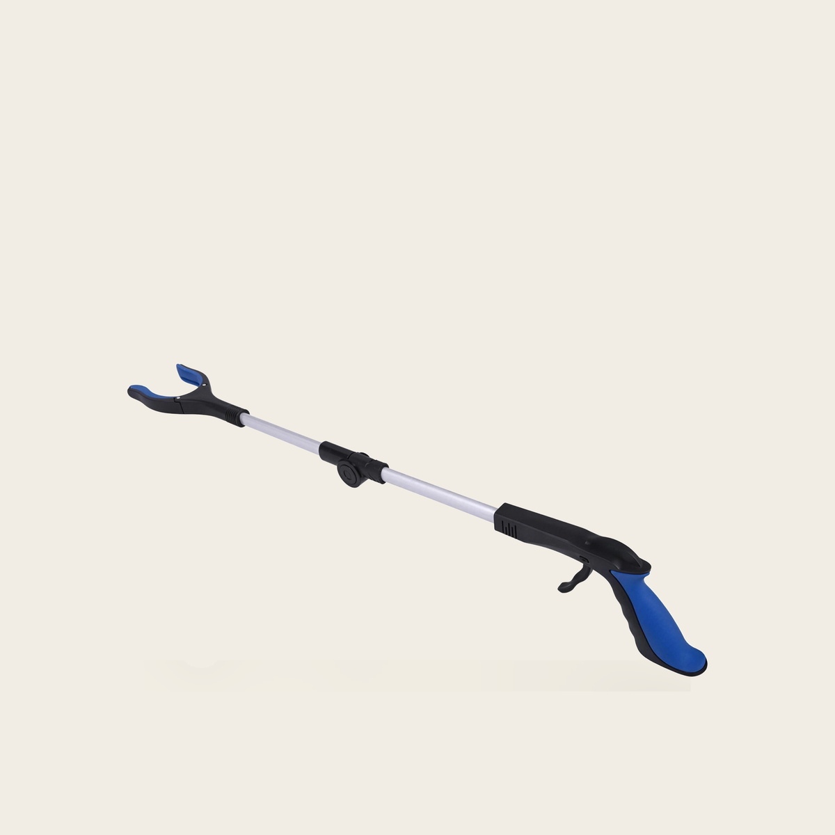 Foldable long reach grabber in blue on a cream background