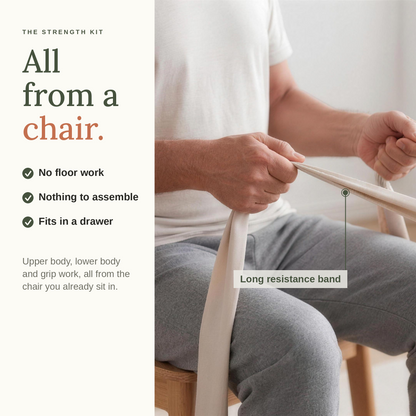 All from a chair. A person seated on a wooden chair using the long resistance band. No floor work, nothing to assemble, fits in a drawer.