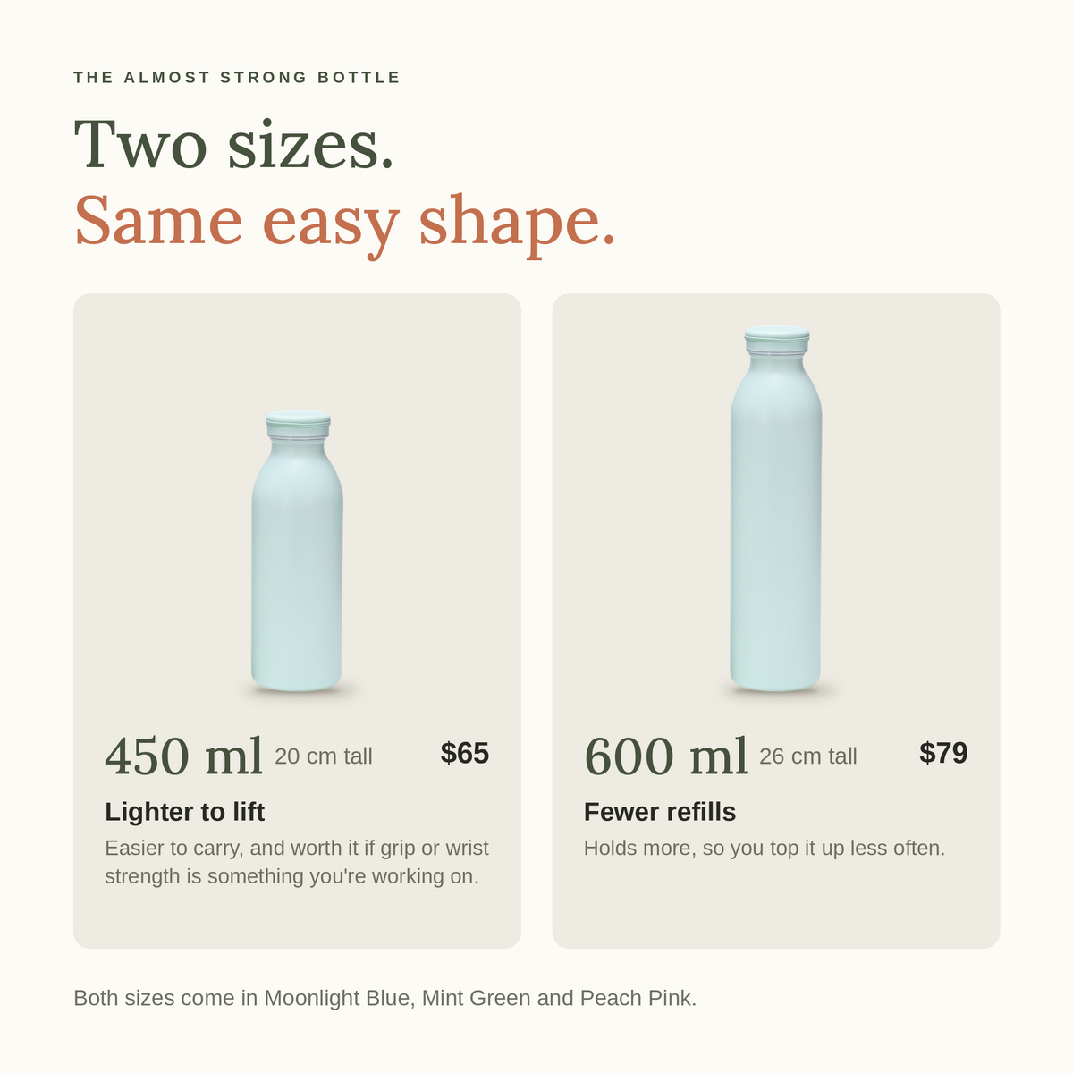 Two sizes: 450 ml, 20 cm tall, and 600 ml, 26 cm tall