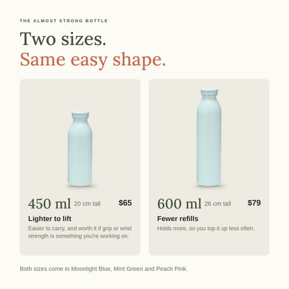 Two sizes: 450 ml, 20 cm tall, and 600 ml, 26 cm tall