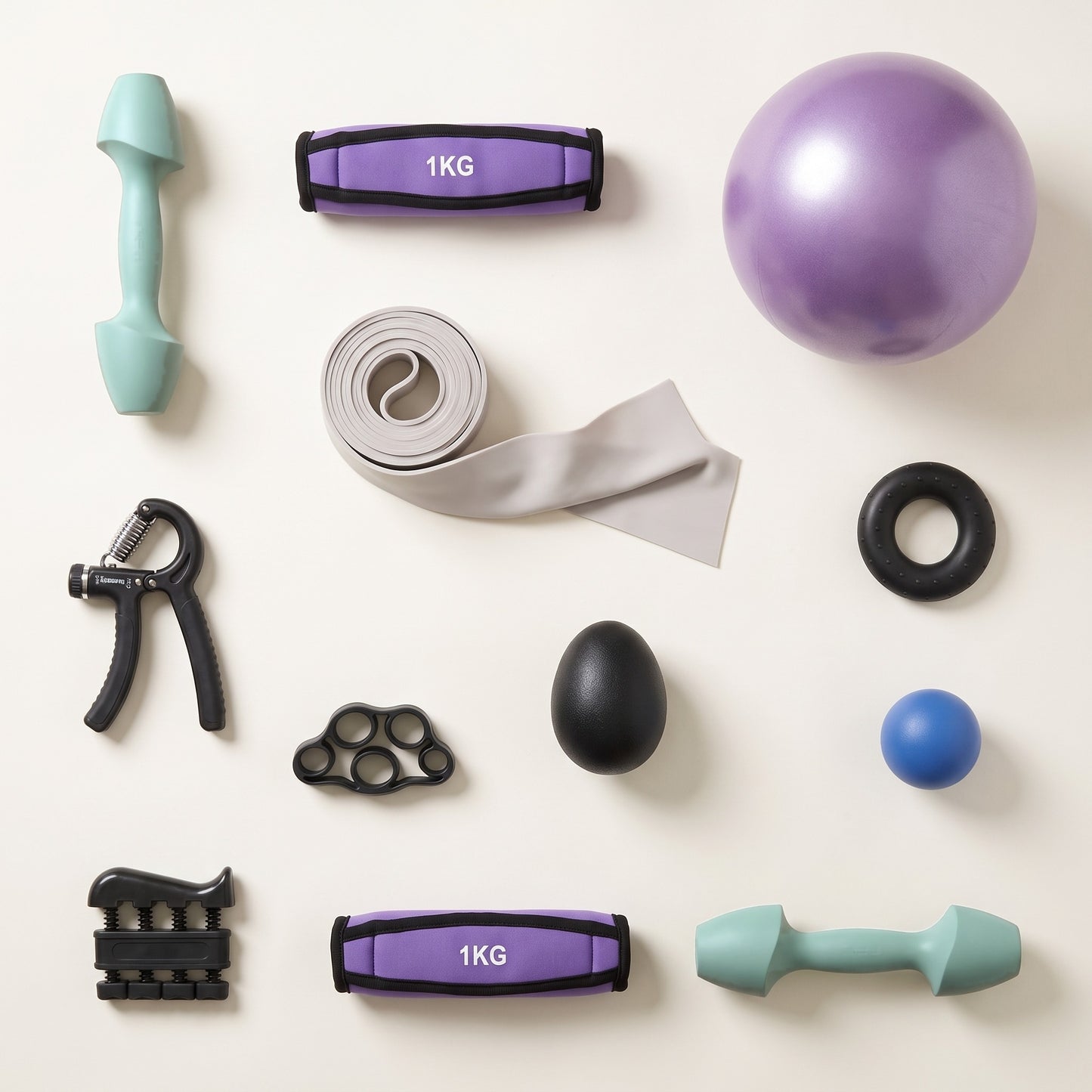Overhead view of everything included in The Strength Kit, each of the twelve pieces laid out separately so the full contents are visible.