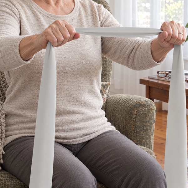 An older woman seated in an armchair, pulling the long resistance band apart at chest height.