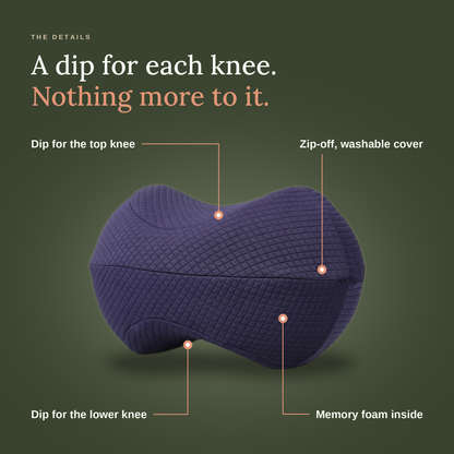 Bean Knee Pillow details: a dip for each knee, zip-off washable cover, memory foam inside