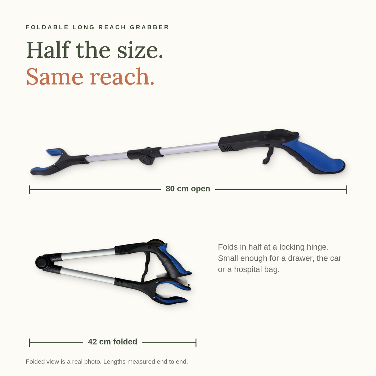 Foldable grabber shown open at 80 cm and folded in half at 42 cm