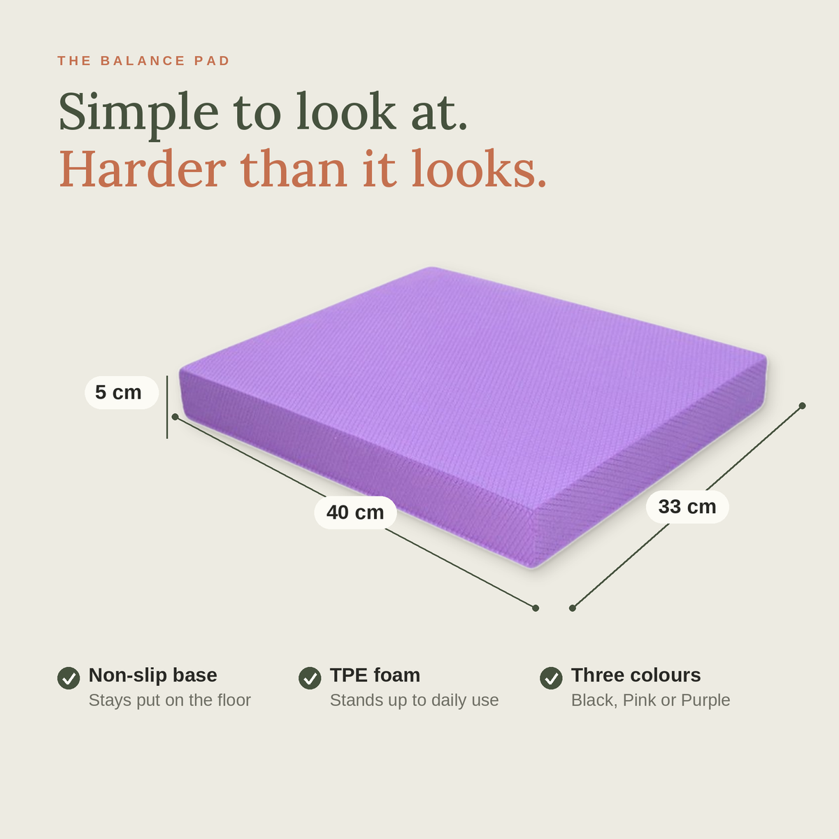 Balance pad dimensions 40 x 33 x 5 cm, non-slip base, TPE foam, in black, pink or purple
