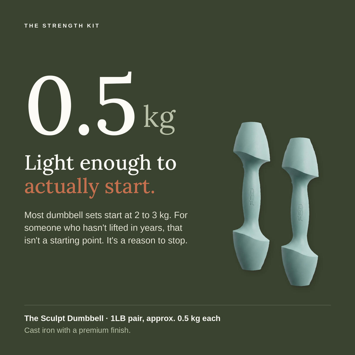 0.5 kg. Light enough to actually start. A pair of Azure Sculpt Dumbbells, 1LB each (approx. 0.5 kg), cast iron with a premium finish. Most dumbbell sets start at 2 to 3 kg.