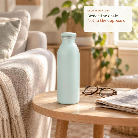 Mint bottle on a side table beside an armchair. Beside the chair, not in the cupboard.