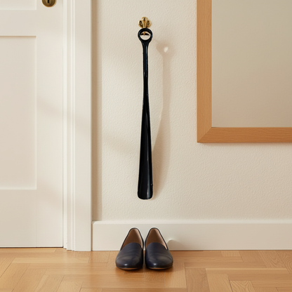 Long reach shoe horn hanging on a hook by a front door
