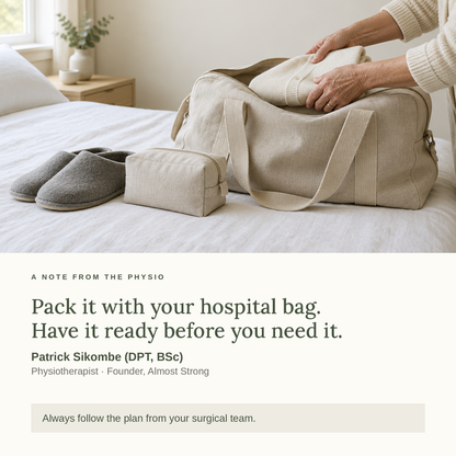 Hands packing a hospital bag. A note from physiotherapist Patrick Sikombe: pack it with your hospital bag and have it ready before you need it