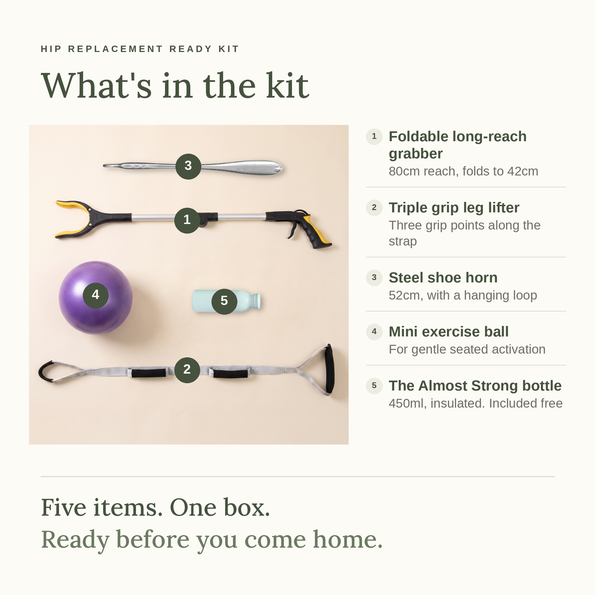 What's in the kit: foldable long-reach grabber (80cm reach, folds to 42cm), triple grip leg lifter, 52cm steel shoe horn, mini exercise ball and the 450ml Almost Strong bottle