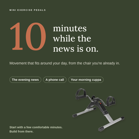Ten minutes while the news is on: seated pedalling fits around everyday moments like a phone call or a cuppa